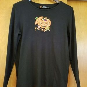 Sequin Embellished Black Halloween Shirt Top Sequin Pumpkin Candy Size Med